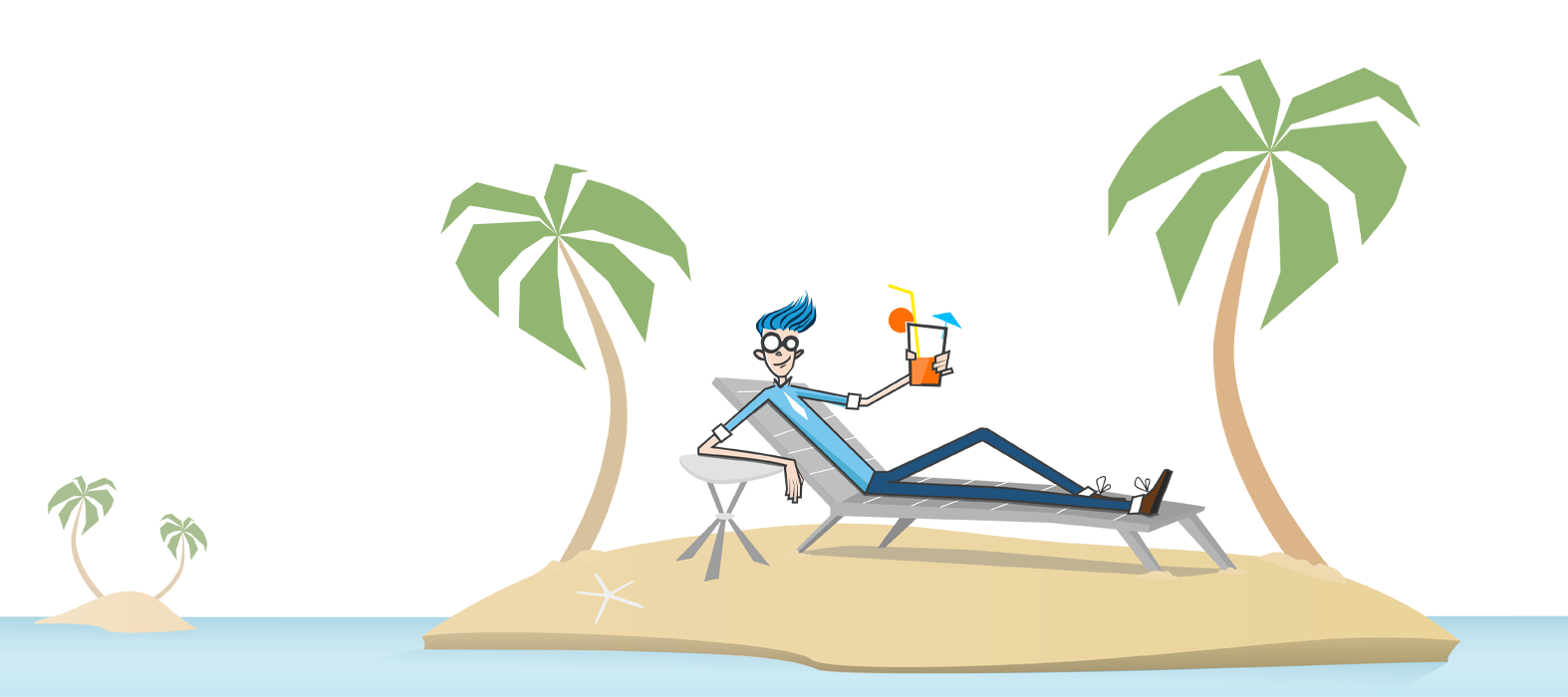 Website hosting illustration.  Diesel character laying out on the beach with a drink in his hand.
