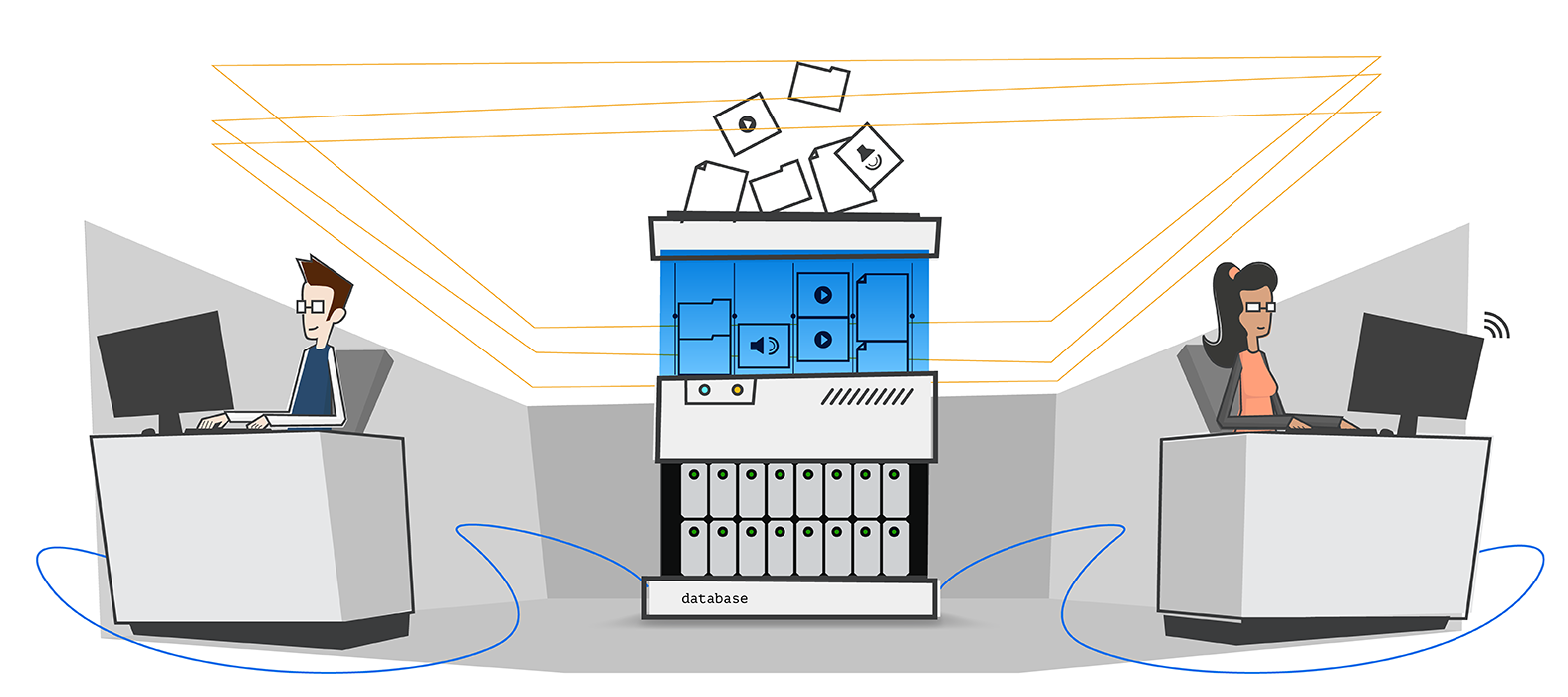 Database design illustration.  Four computer boxes stacked in a cube pattern.