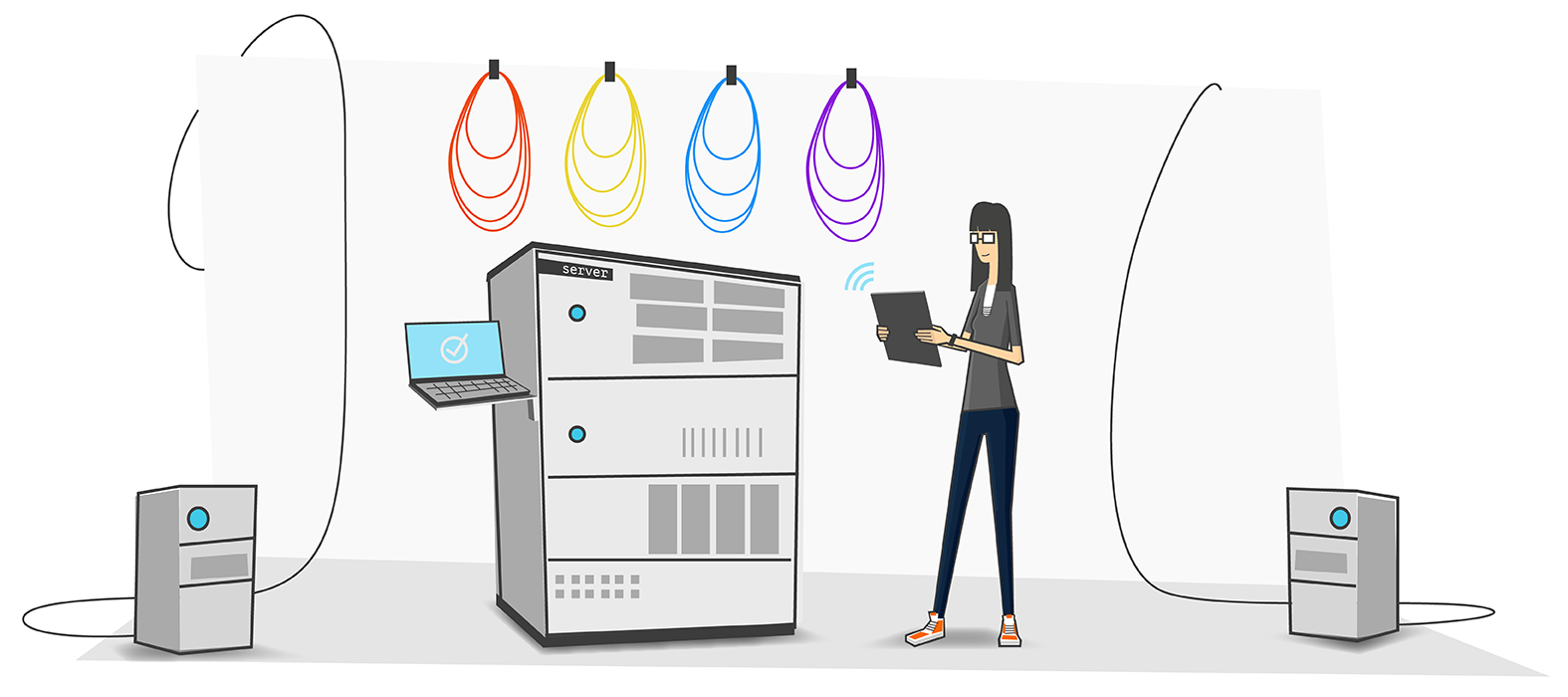 Networking illustration.  Four machines stacked in a diamond cube pattern.