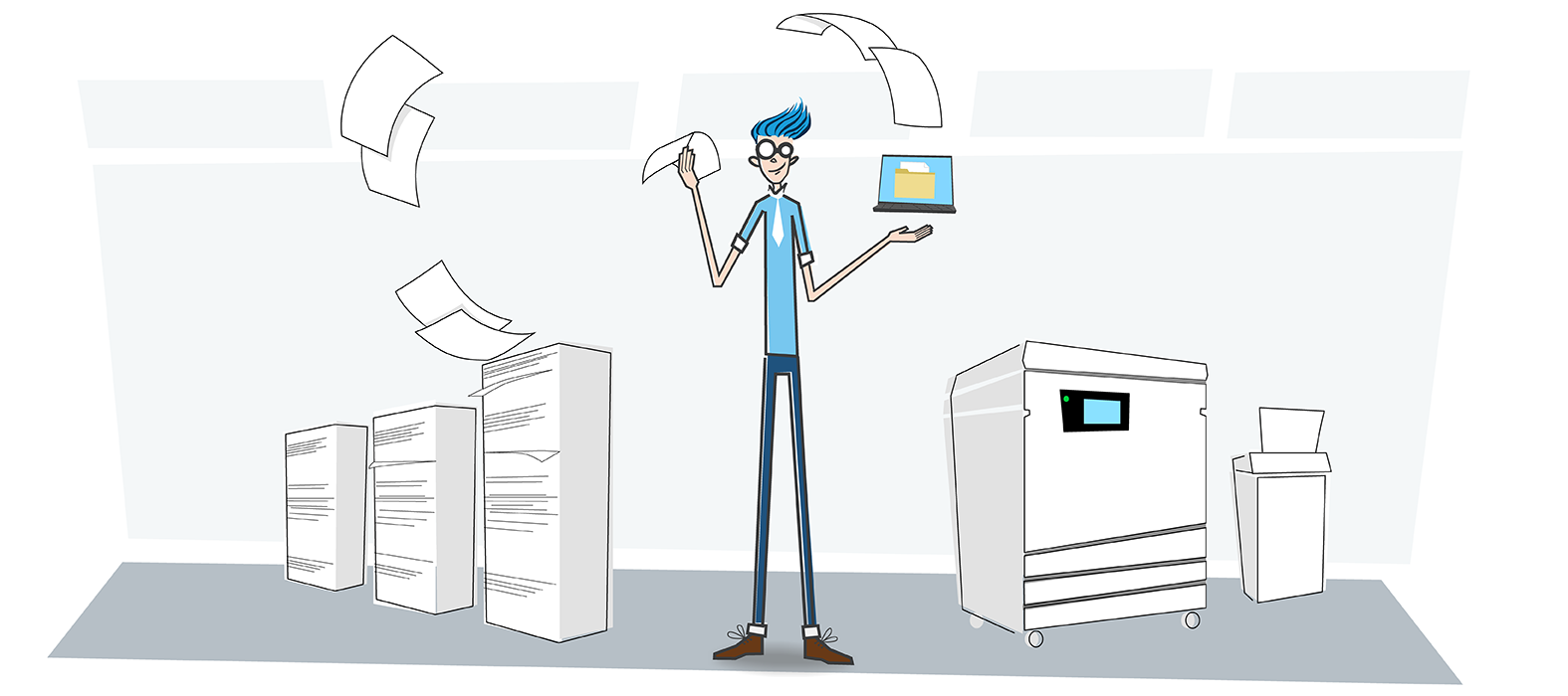 Desktop software development illustration. Office machines around Diesel character. Trail of paper flying into the laptop.