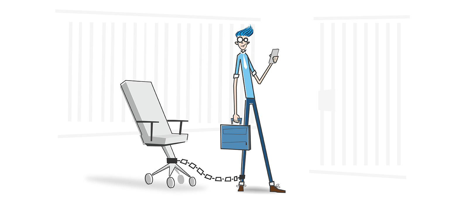 Web Apps illustration.  Diesel character chained to officer chair holding cell phone.