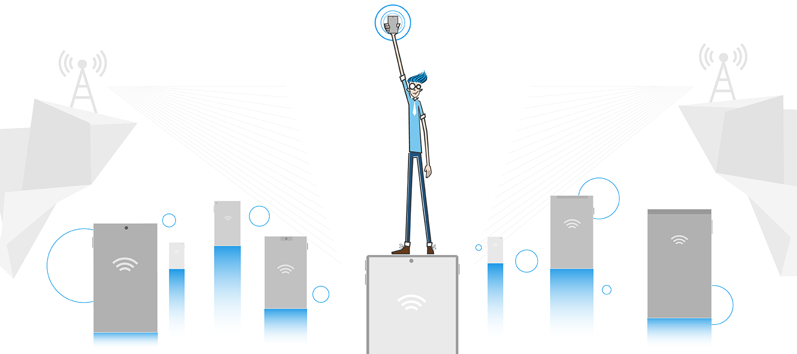 Mobile apps illustration. Mobile phone with API service icons around it, music, video, photo, security.