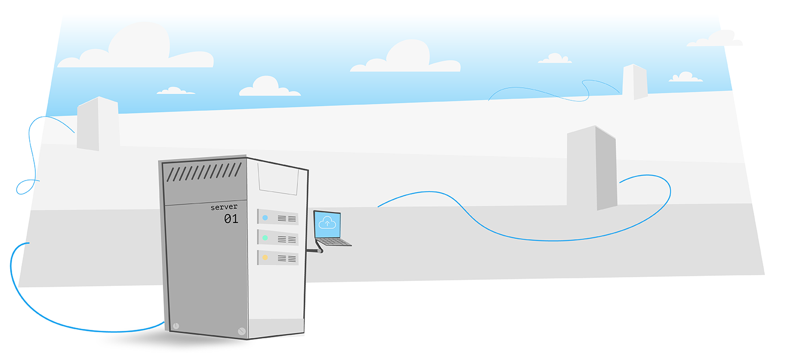 Cloud offsite backup illustration. Computer machine making a wireless backup to a building on a floating stone in the clouds.